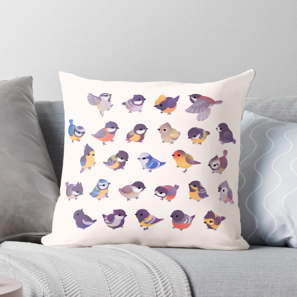 Soft and cozy pillow featuring an illustration of a cute little bird from the Paridae family