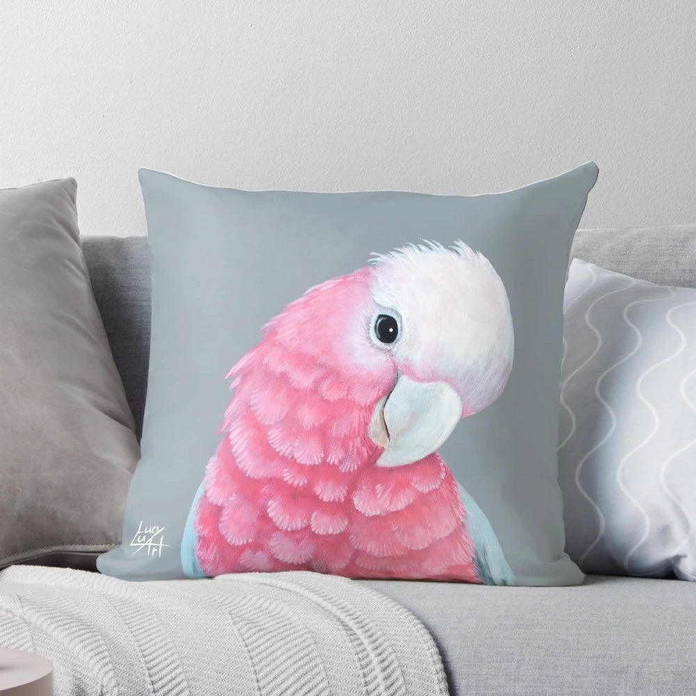 Colorful pink and grey galah bird decorative throw pillow