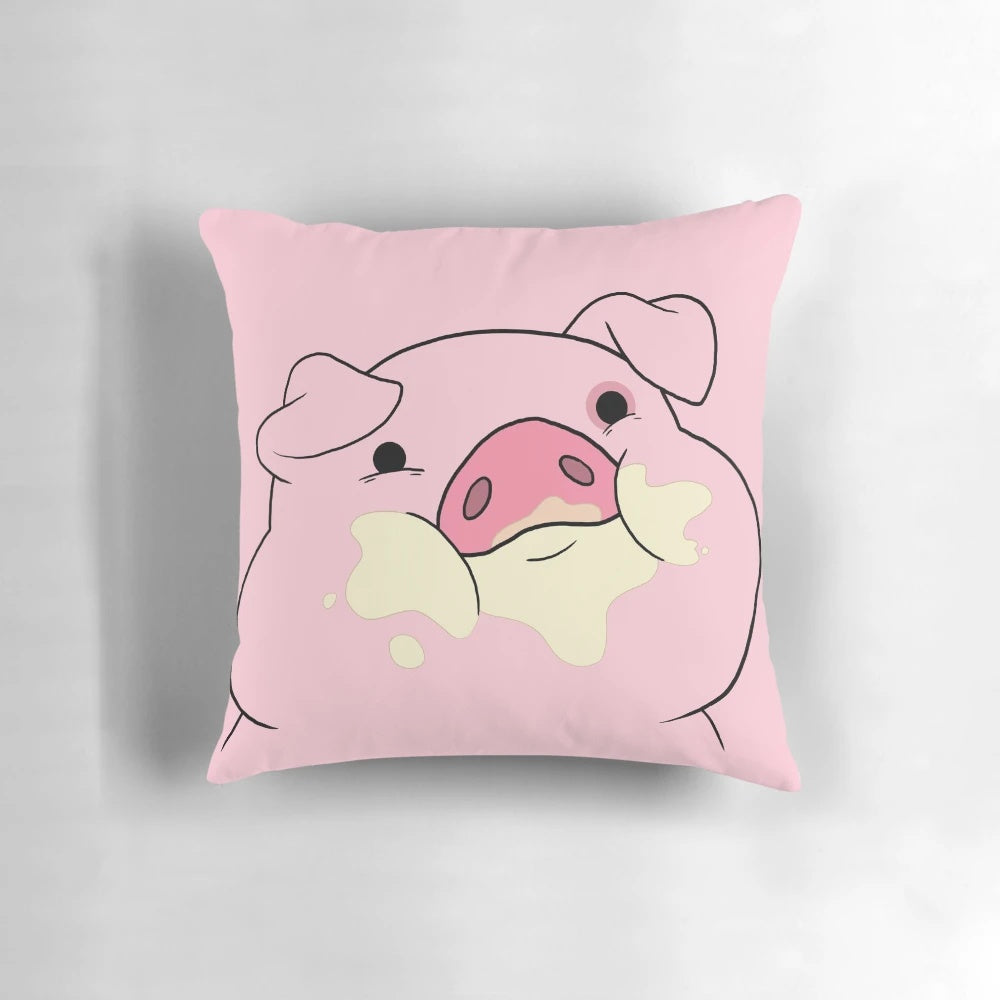 A cozy and whimsical pink pig plush pillow featuring the beloved Gravity Falls character, Waddles.
