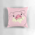 A cozy and whimsical pink pig plush pillow featuring the beloved Gravity Falls character, Waddles.