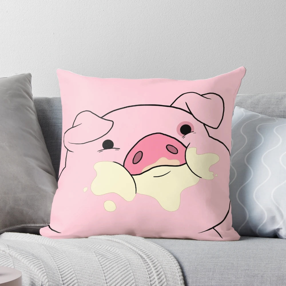 A cozy and whimsical pink pig plush pillow featuring the beloved Gravity Falls character, Waddles.