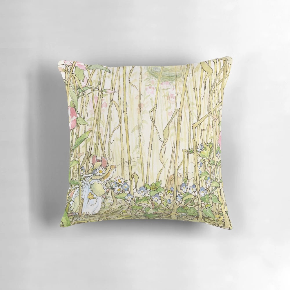 Colorful primrose flowers pillow with a quintessential British countryside scene