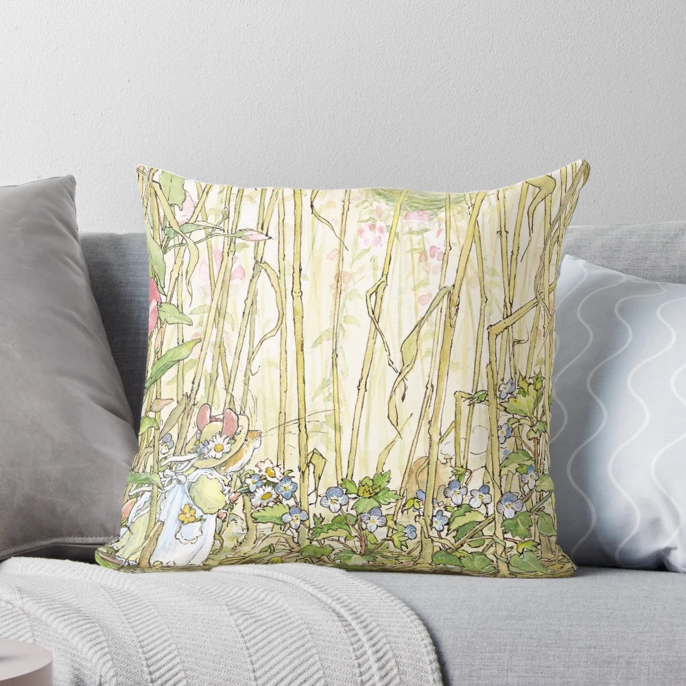 Colorful primrose flowers pillow with a quintessential British countryside scene