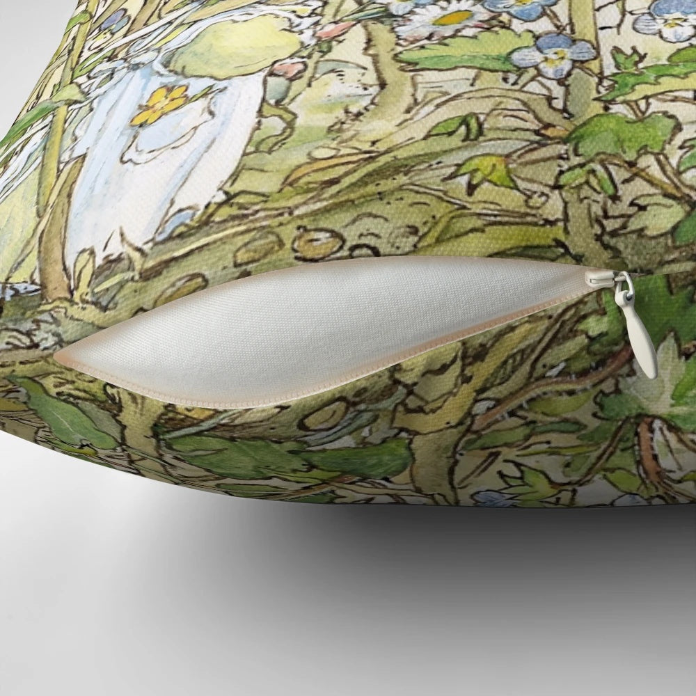 Colorful primrose flowers pillow with a quintessential British countryside scene