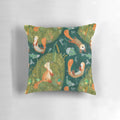 A decorative pillow featuring a vibrant illustration of playful otters swimming in a river, surrounded by colorful butterflies and fish.