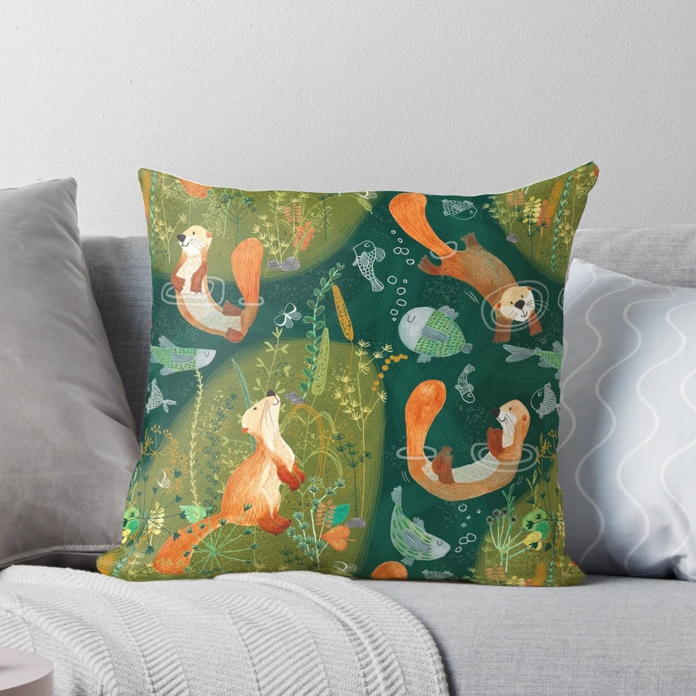 A decorative pillow featuring a vibrant illustration of playful otters swimming in a river, surrounded by colorful butterflies and fish.
