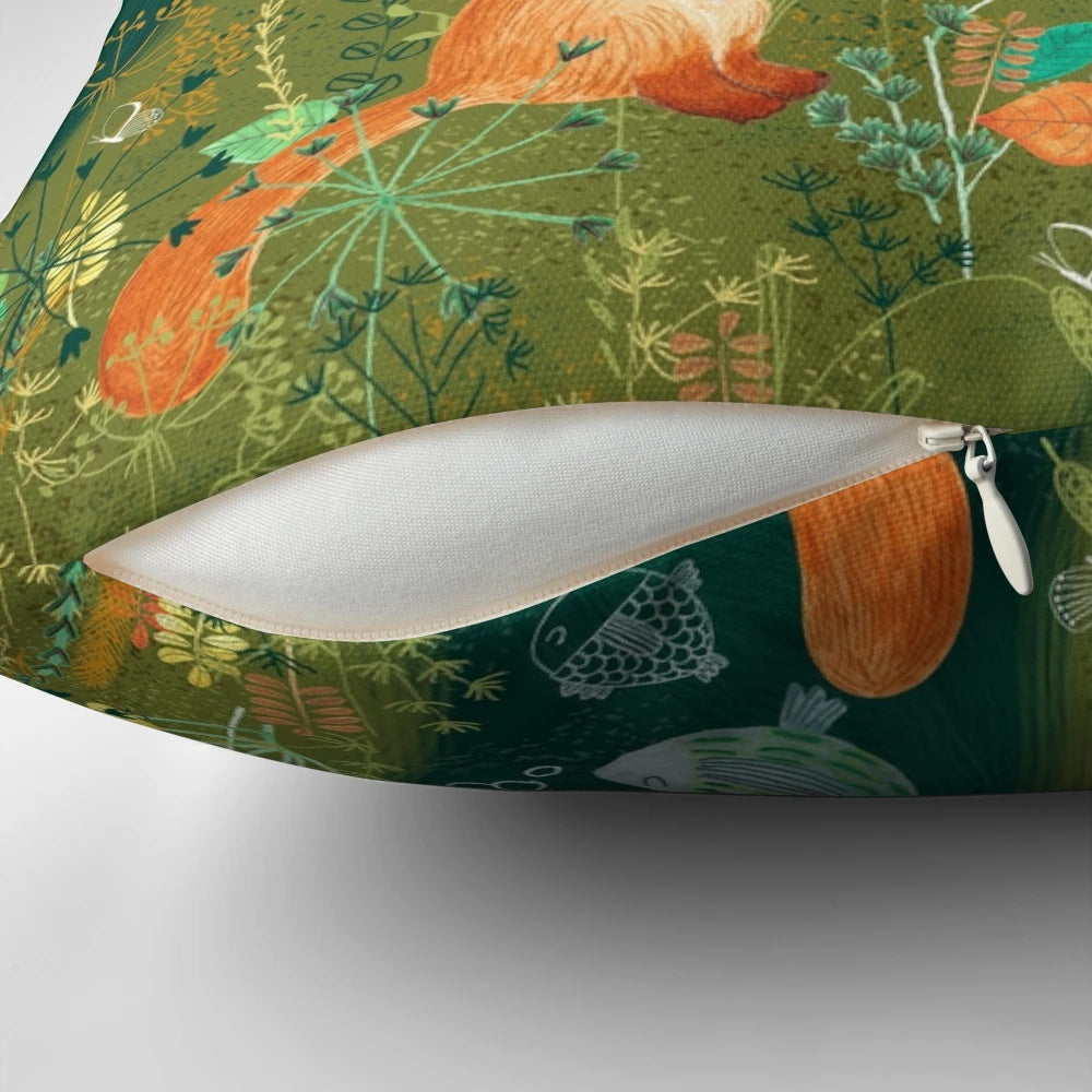 A decorative pillow featuring a vibrant illustration of playful otters swimming in a river, surrounded by colorful butterflies and fish.