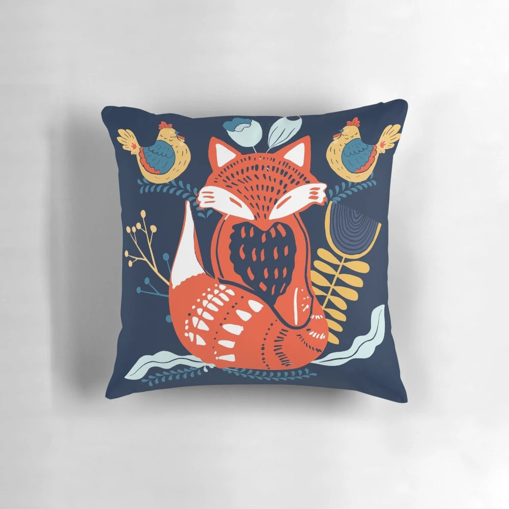 Scandinavian-inspired floral decorative pillow with a design featuring a fox, hens, and leaves