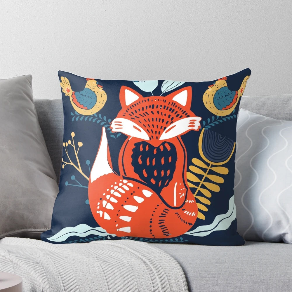 Scandinavian-inspired floral decorative pillow with a design featuring a fox, hens, and leaves