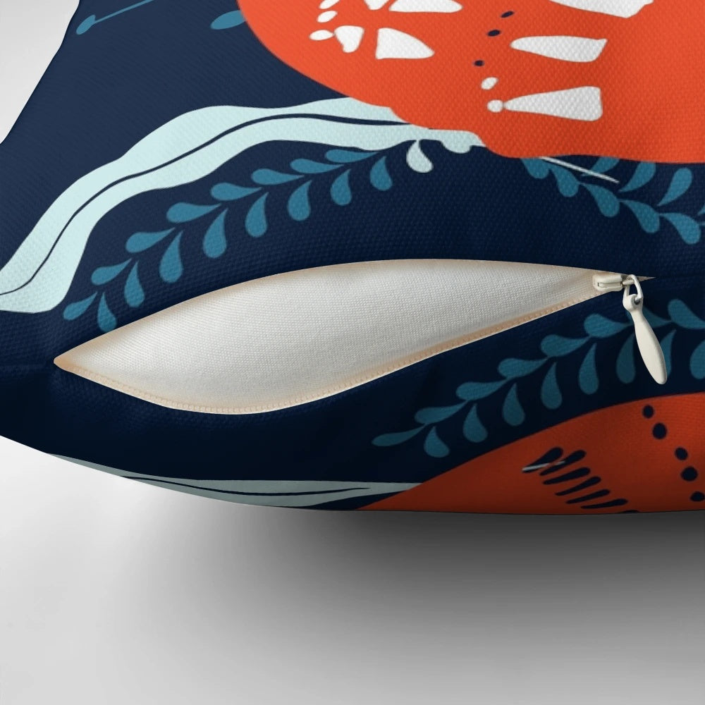 Scandinavian-inspired floral decorative pillow with a design featuring a fox, hens, and leaves