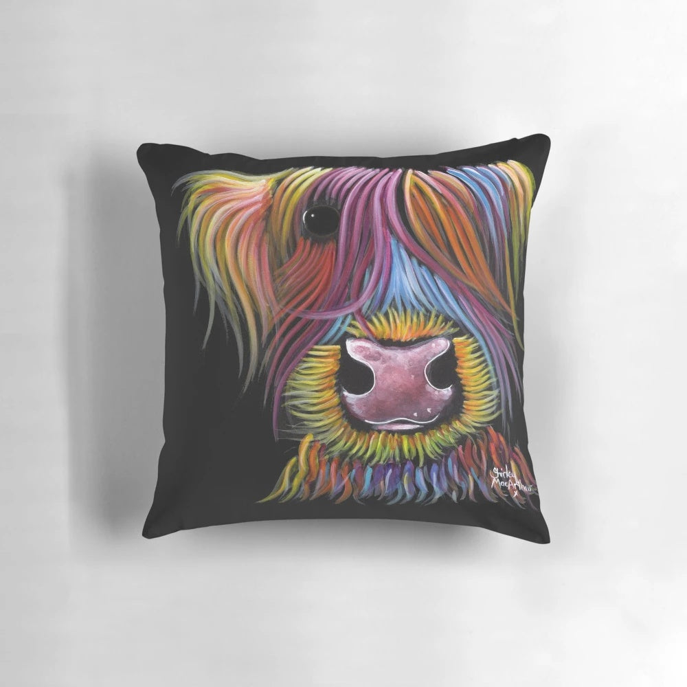 Cozy pillow cover featuring a friendly Scottish Highland Cow named 'MacKenzie'