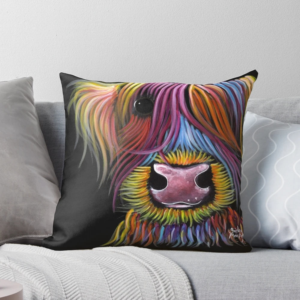 Cozy pillow cover featuring a friendly Scottish Highland Cow named 'MacKenzie'