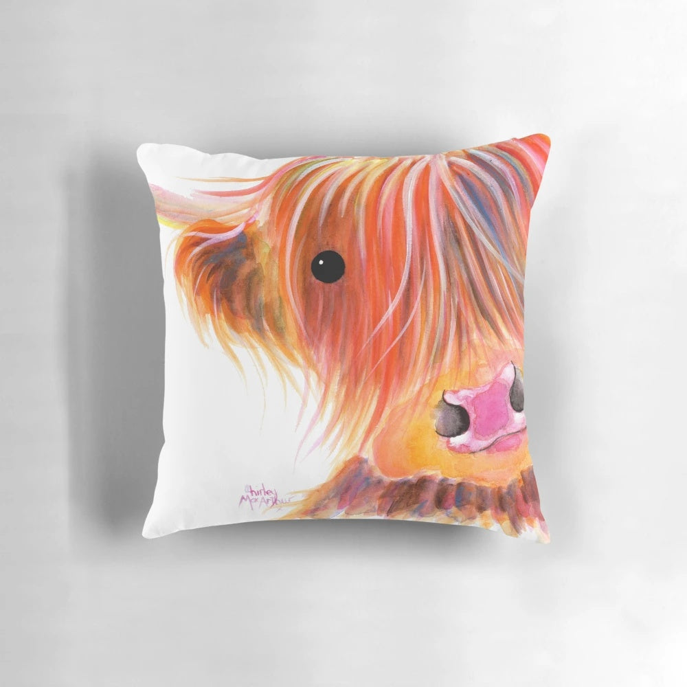 A cozy Scottish Highland Cow pillow with a 'Sweet Satsuma' design by artist Shirley MacArthur.