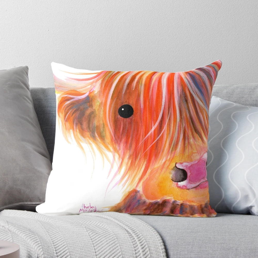 A cozy Scottish Highland Cow pillow with a 'Sweet Satsuma' design by artist Shirley MacArthur.
