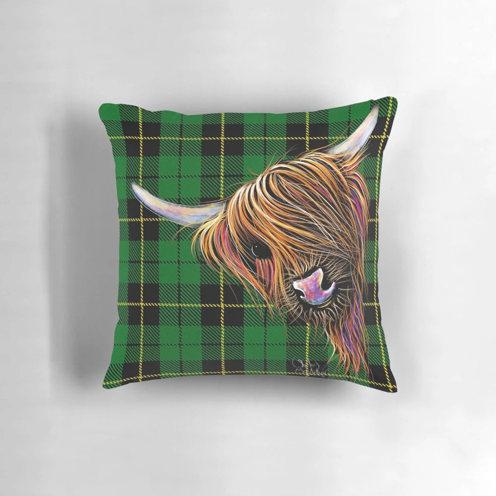 Colorful tartan-patterned pillow cover featuring an illustration of a friendly Scottish Highland cow