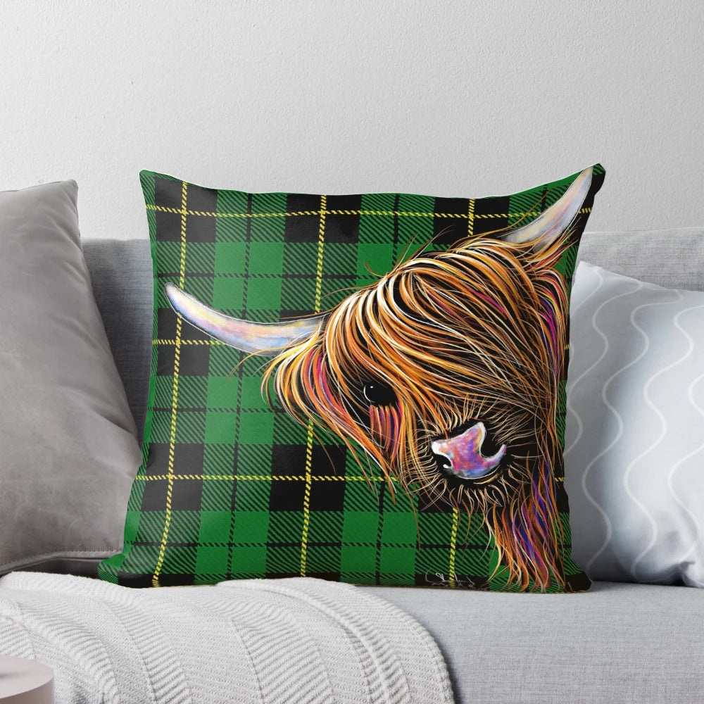 Colorful tartan-patterned pillow cover featuring an illustration of a friendly Scottish Highland cow