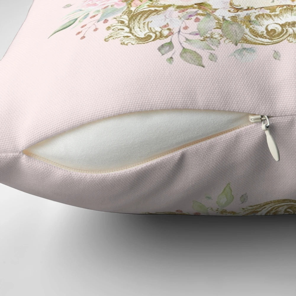 A shabby chic pillow featuring a delicate watercolor-style white swan with a gold crown and pink flowers.
