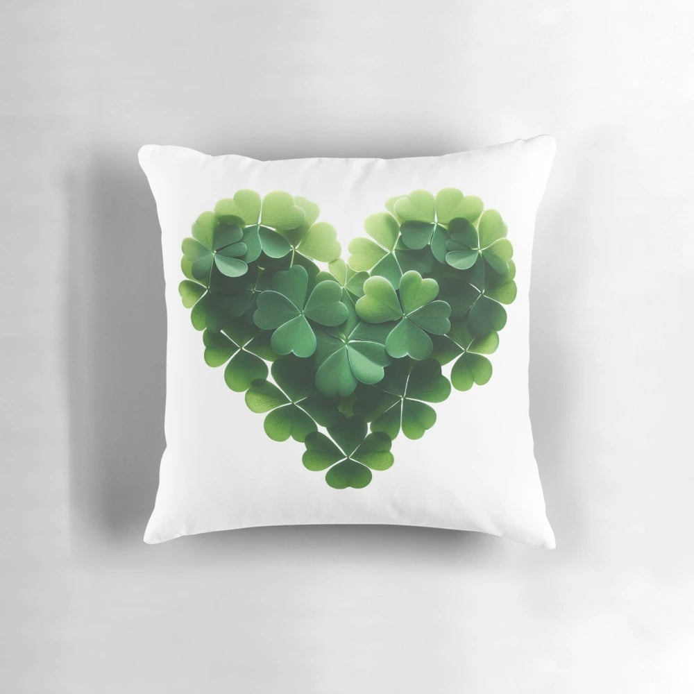 A decorative throw pillow with a whimsical shamrock heart design, perfect for adding a touch of Irish luck to your home.