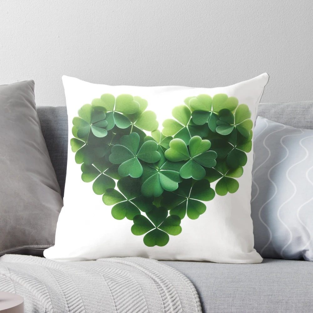 A decorative throw pillow with a whimsical shamrock heart design, perfect for adding a touch of Irish luck to your home.