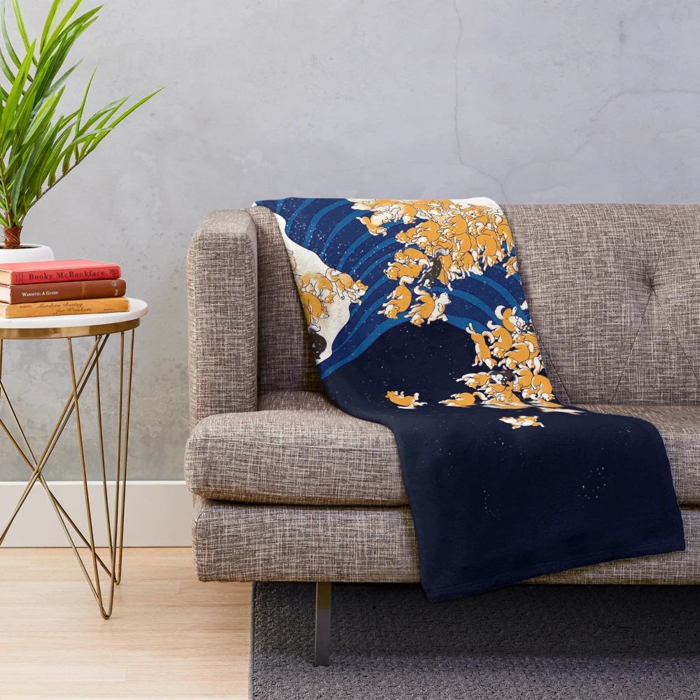 Soft and cozy plush blanket featuring a Shiba Inu dog design inspired by the famous "The Great Wave off Kanagawa" artwork