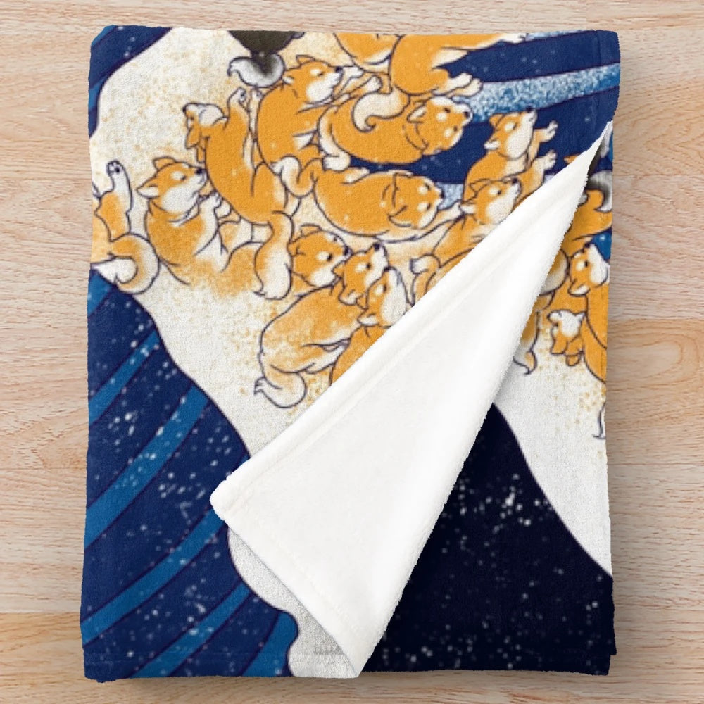 Soft and cozy plush blanket featuring a Shiba Inu dog design inspired by the famous "The Great Wave off Kanagawa" artwork