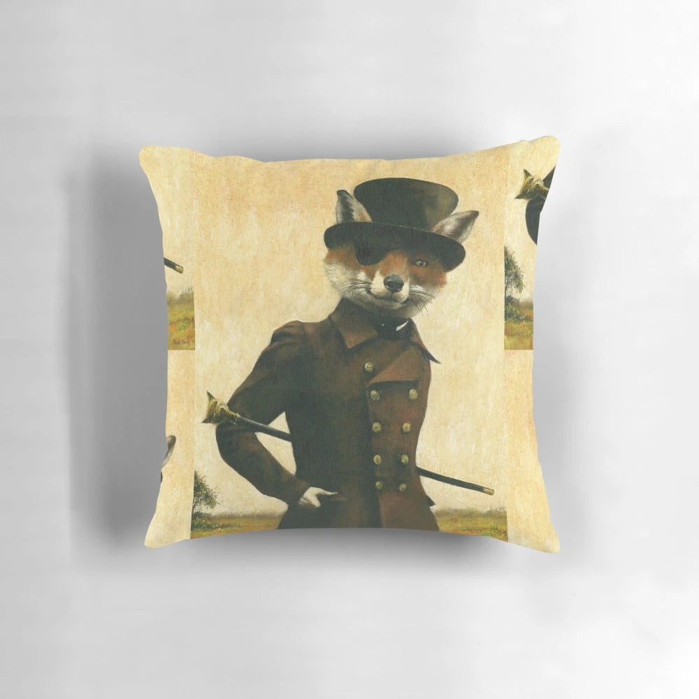 Enchanting portrait of a sly, anthropomorphic fox wearing a dapper top hat