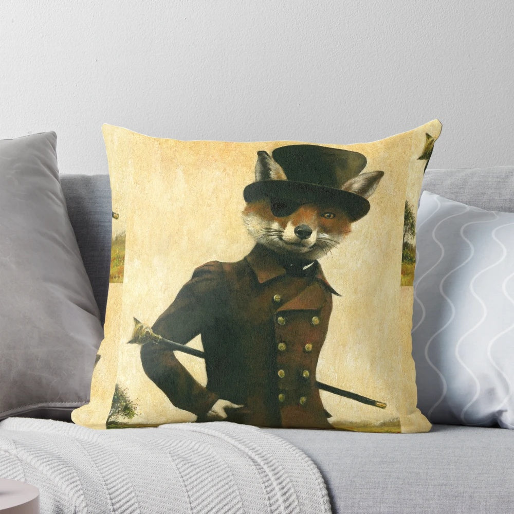 Enchanting portrait of a sly, anthropomorphic fox wearing a dapper top hat