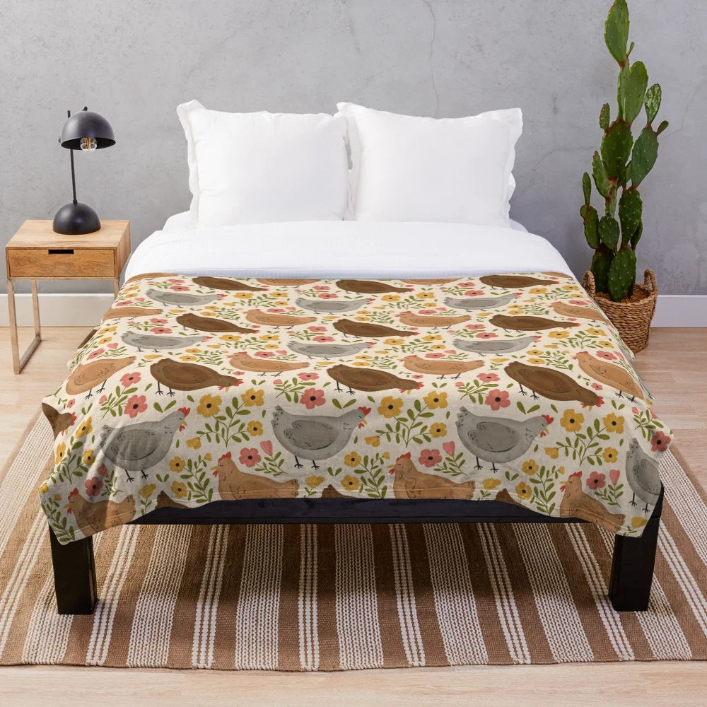 Springtime chickens plush blanket with floral and nature design