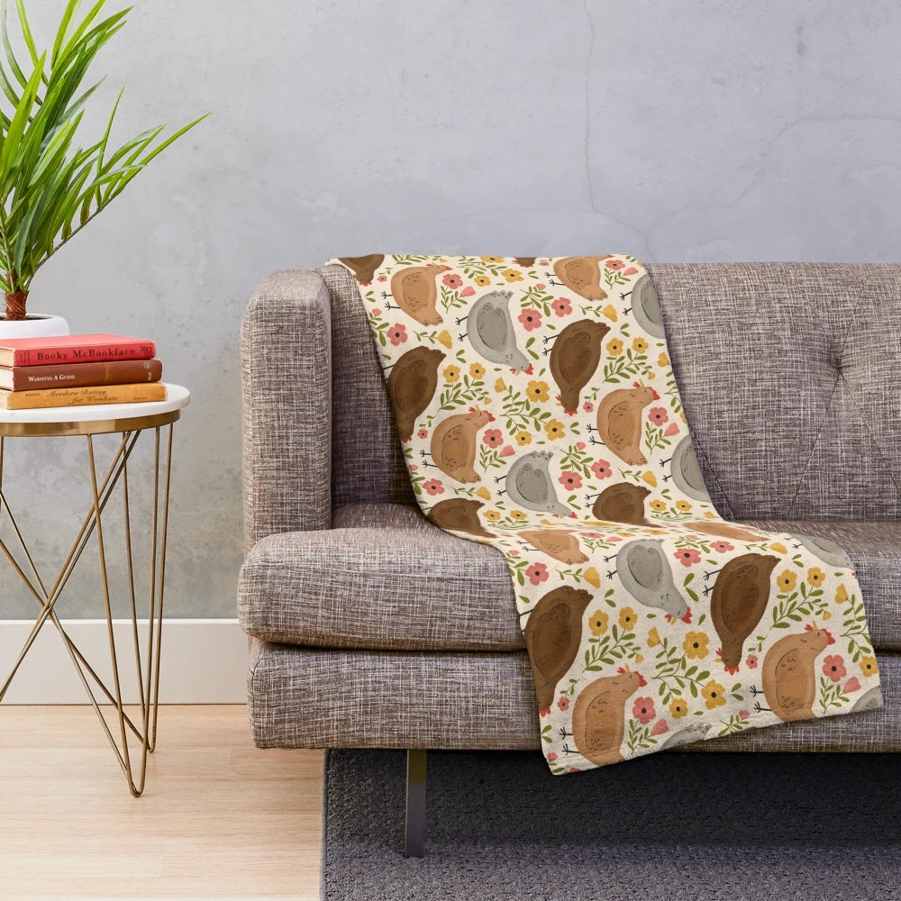 Springtime chickens plush blanket with floral and nature design