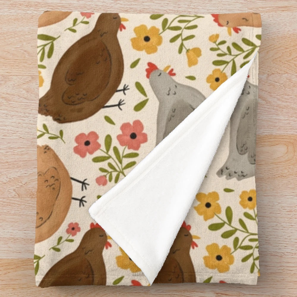 Springtime chickens plush blanket with floral and nature design