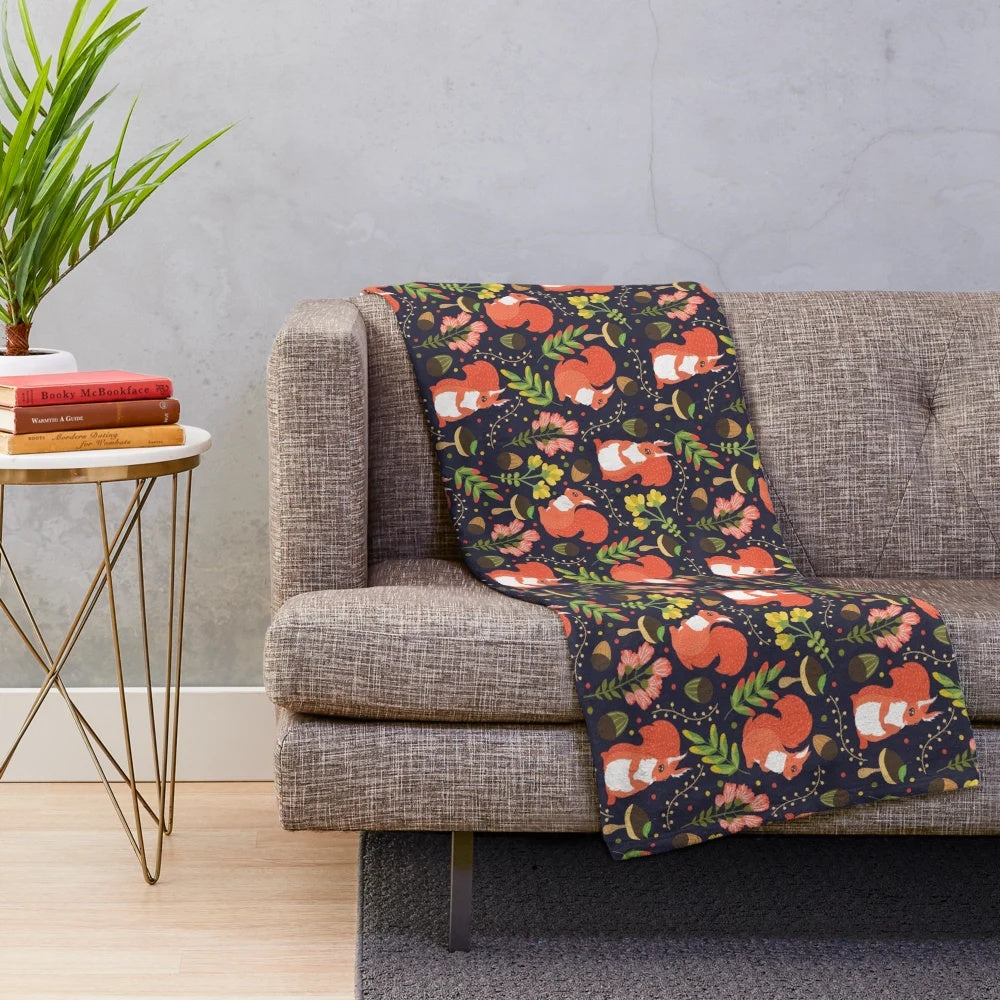 Squirrel plush blanket with cute cartoon animal and floral pattern design