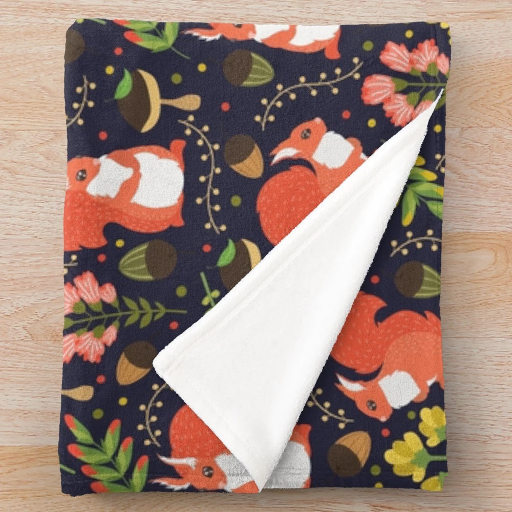 Squirrel plush blanket with cute cartoon animal and floral pattern design