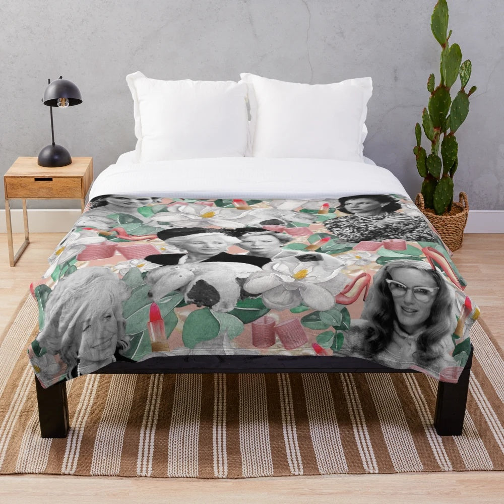 Steel Magnolias inspired plush blanket with collage of southern charm elements