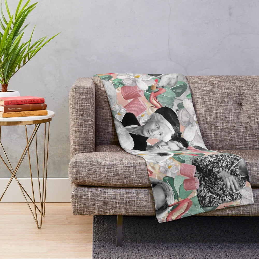 Steel Magnolias inspired plush blanket with collage of southern charm elements