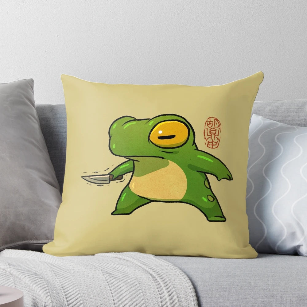 Illustration of a cute, mischievous frog wielding a knife in an Asian-inspired, whimsical style.