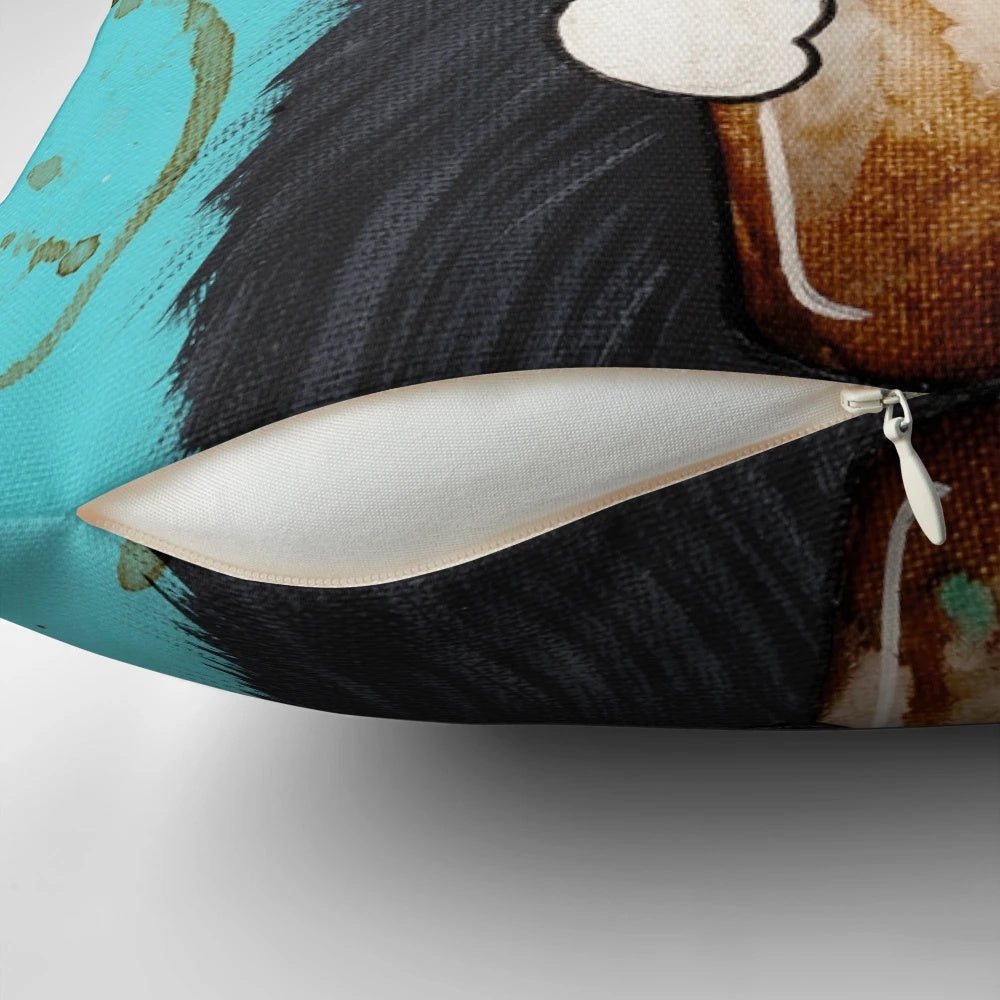 A decorative pillow featuring a cute tuxedo cat design with an iced coffee motif.