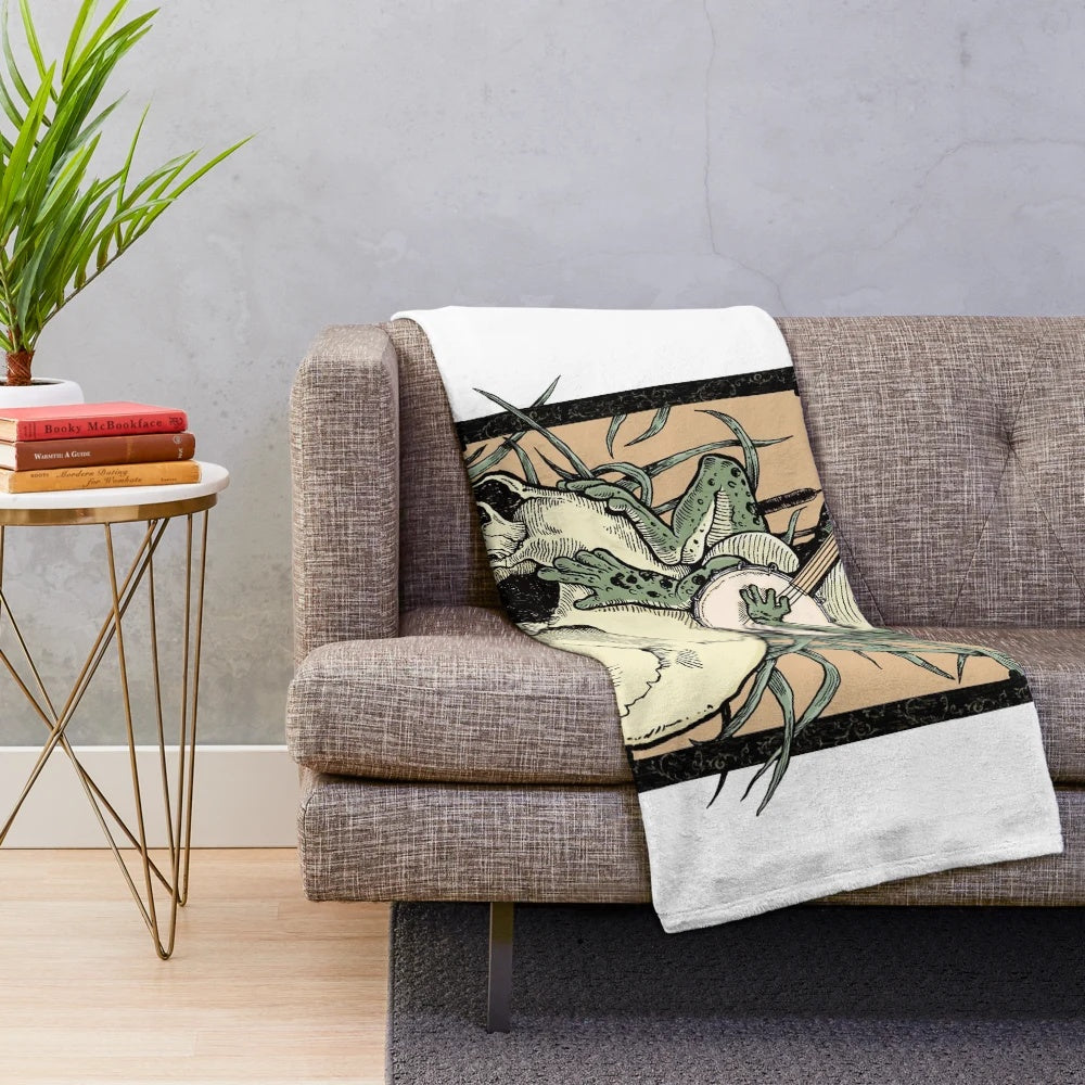 Cozy Victorian frog playing banjo plush blanket