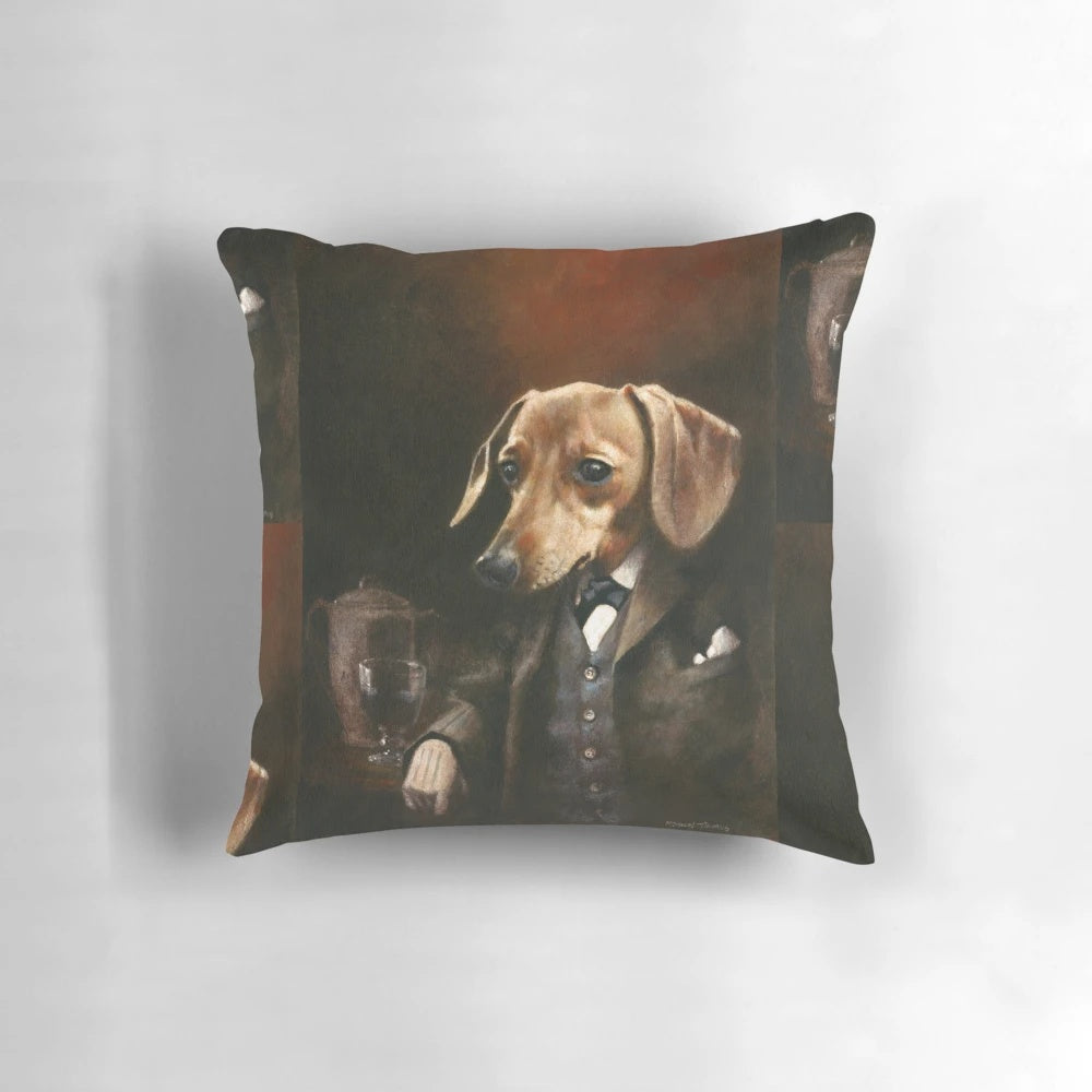Vintage-style illustration of a dachshund wearing a Victorian gentleman's outfit, perched on a plush pillow.