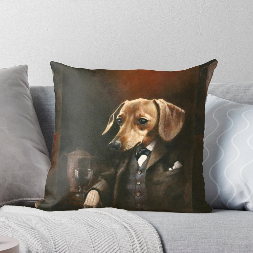 Vintage-style illustration of a dachshund wearing a Victorian gentleman's outfit, perched on a plush pillow.
