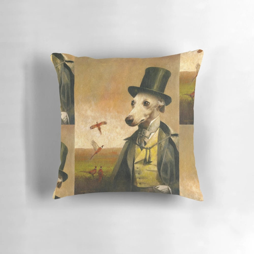 A whimsical vintage-style portrait of a whippet dog wearing a top hat, printed on a decorative pillow.
