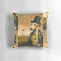 A whimsical vintage-style portrait of a whippet dog wearing a top hat, printed on a decorative pillow.