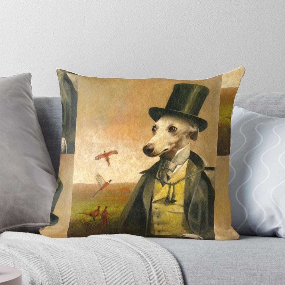 A whimsical vintage-style portrait of a whippet dog wearing a top hat, printed on a decorative pillow.