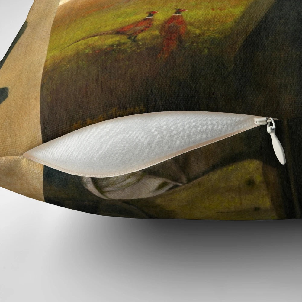 A whimsical vintage-style portrait of a whippet dog wearing a top hat, printed on a decorative pillow.