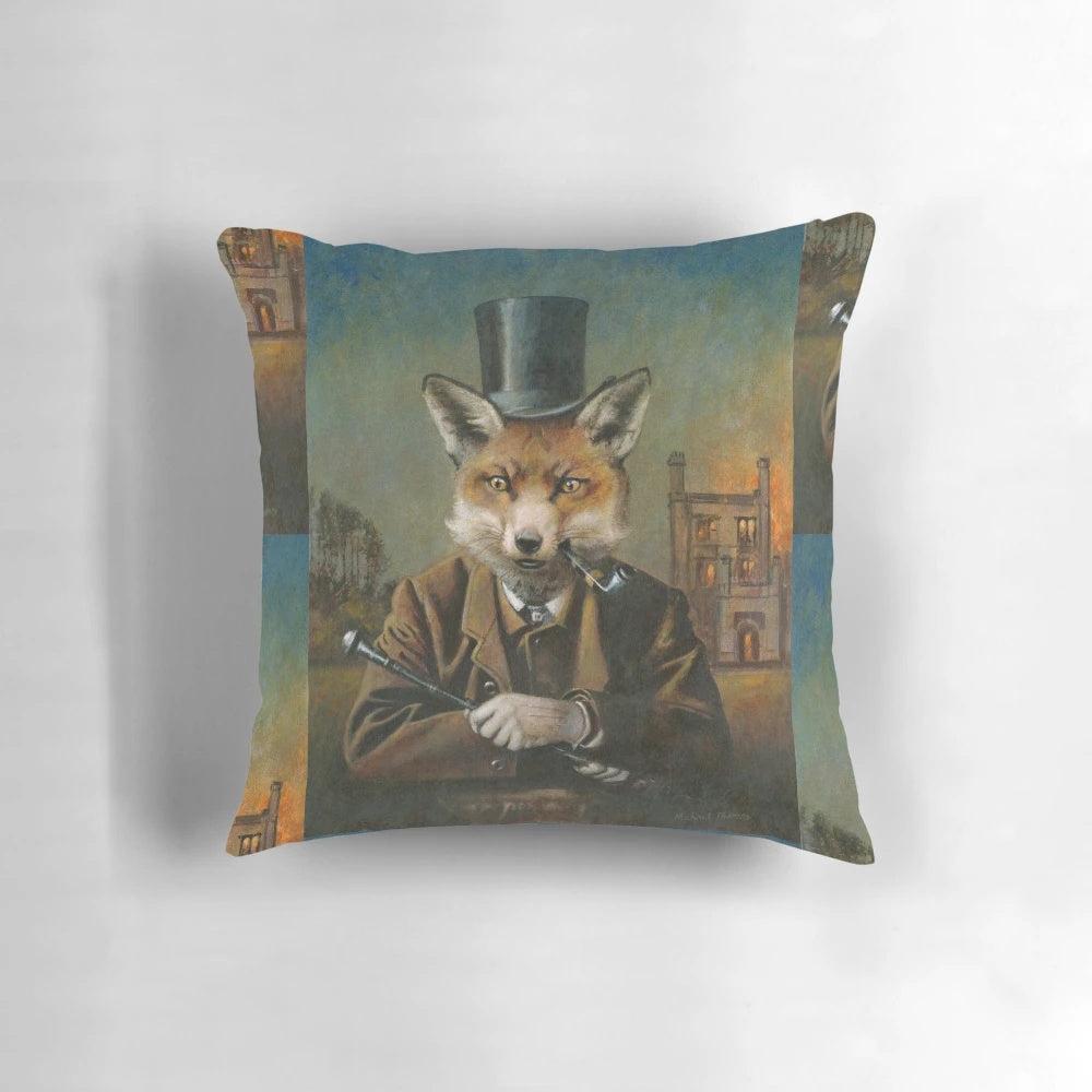 Whimsical fox pillow with a top hat, in a vintage-inspired style