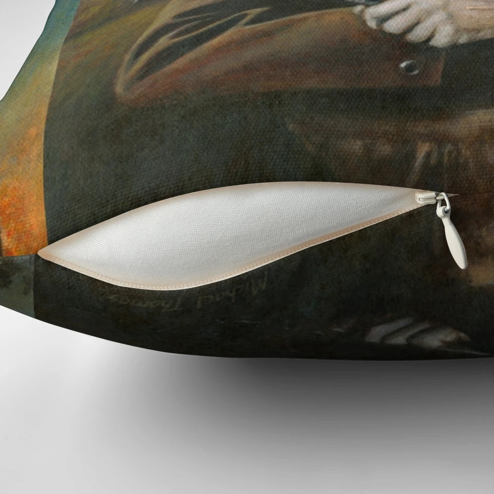 Whimsical fox pillow with a top hat, in a vintage-inspired style