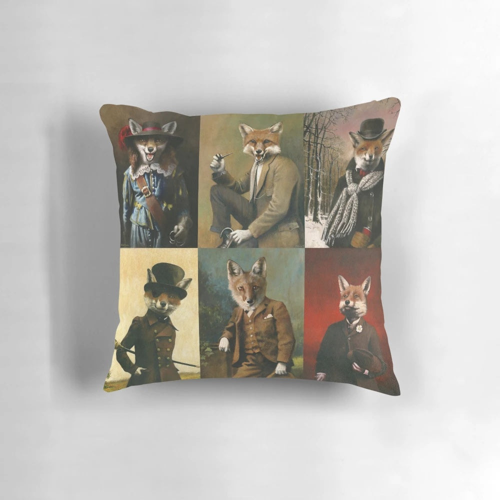 Vintage-style illustration of a fox wearing a top hat on a decorative throw pillow