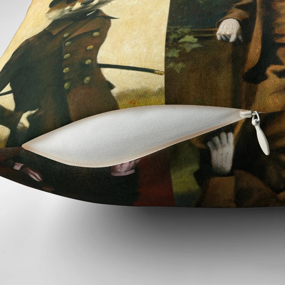 Vintage-style illustration of a fox wearing a top hat on a decorative throw pillow