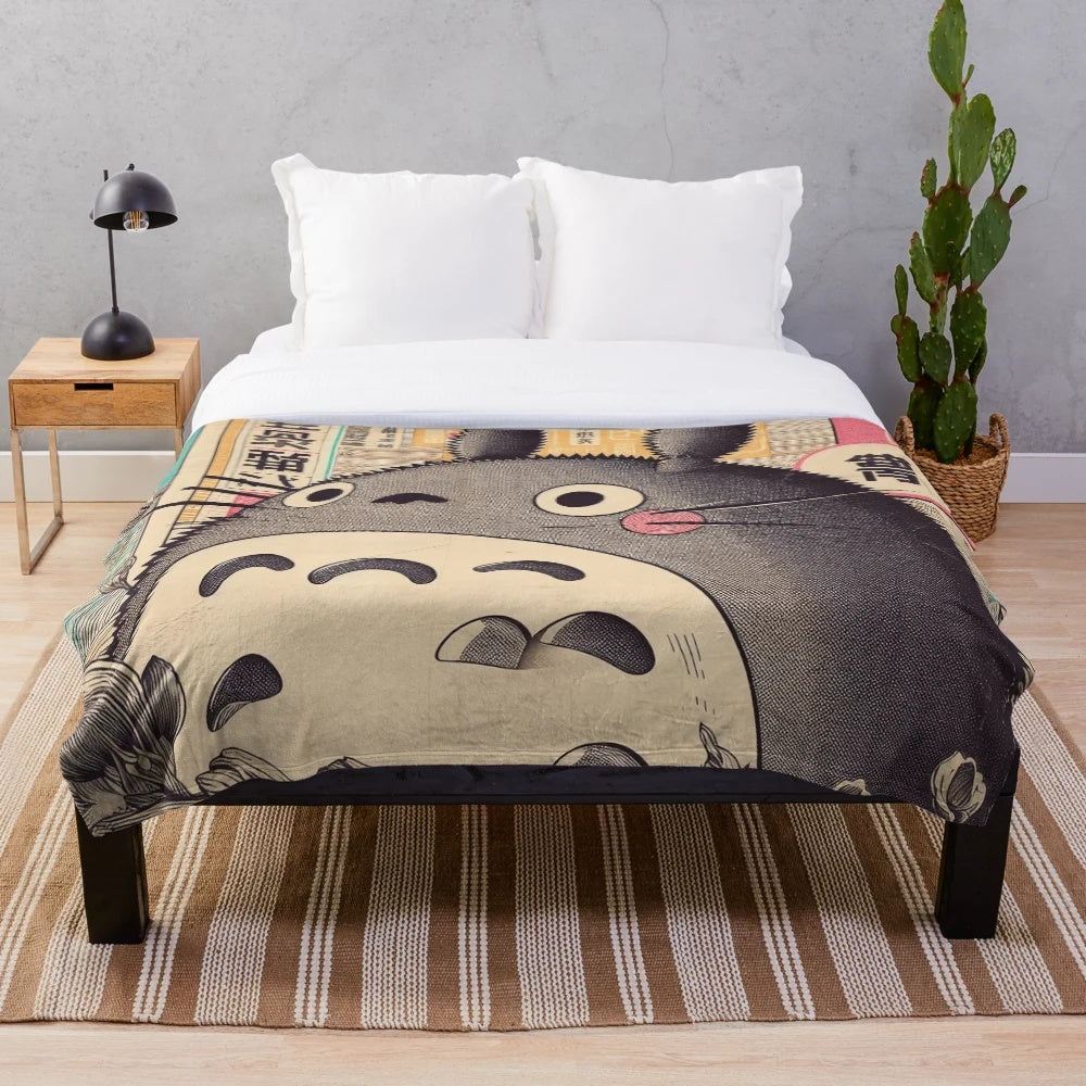 Vintage Japanese plush blanket featuring a charming retro design of a Japanese cultural icon