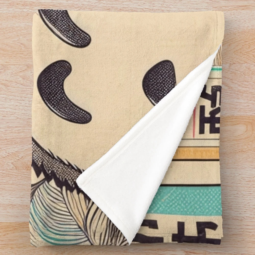 Vintage Japanese plush blanket featuring a charming retro design of a Japanese cultural icon