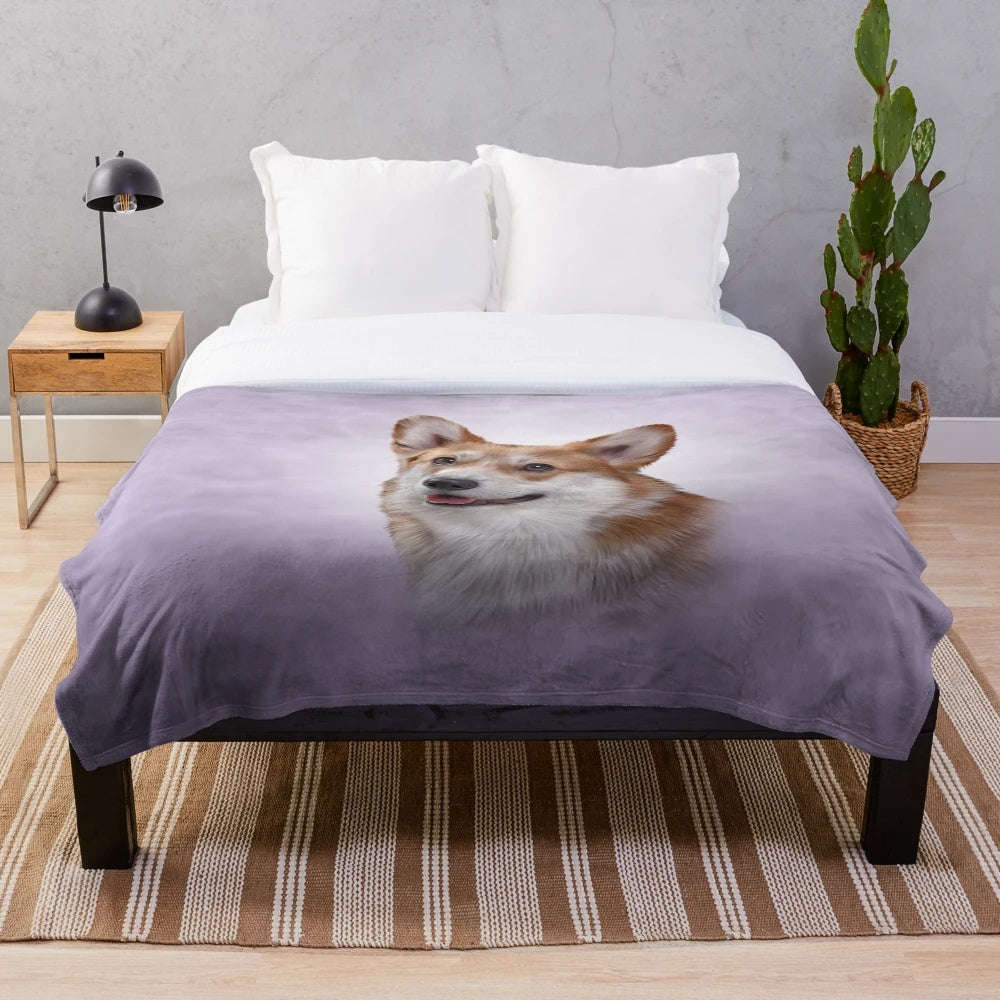 Illustration of a happy Welsh Corgi dog on a plush blanket